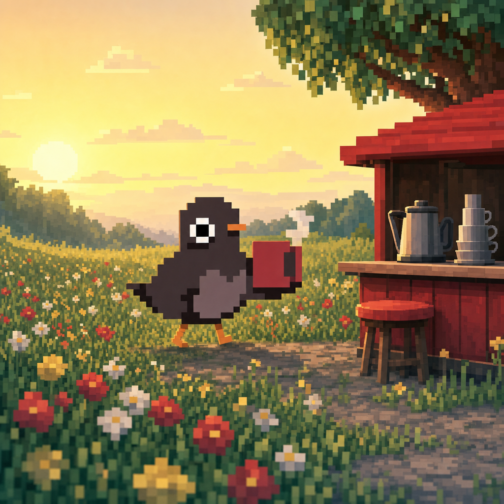 Cawfee walking through a flower meadow toward a red coffee stand at sunrise